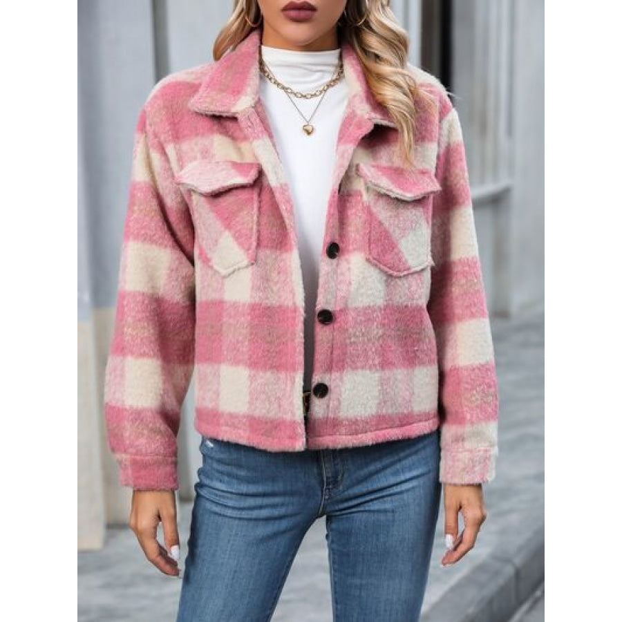 Plaid Button Up Dropped Shoulder Jacket Apparel and Accessories