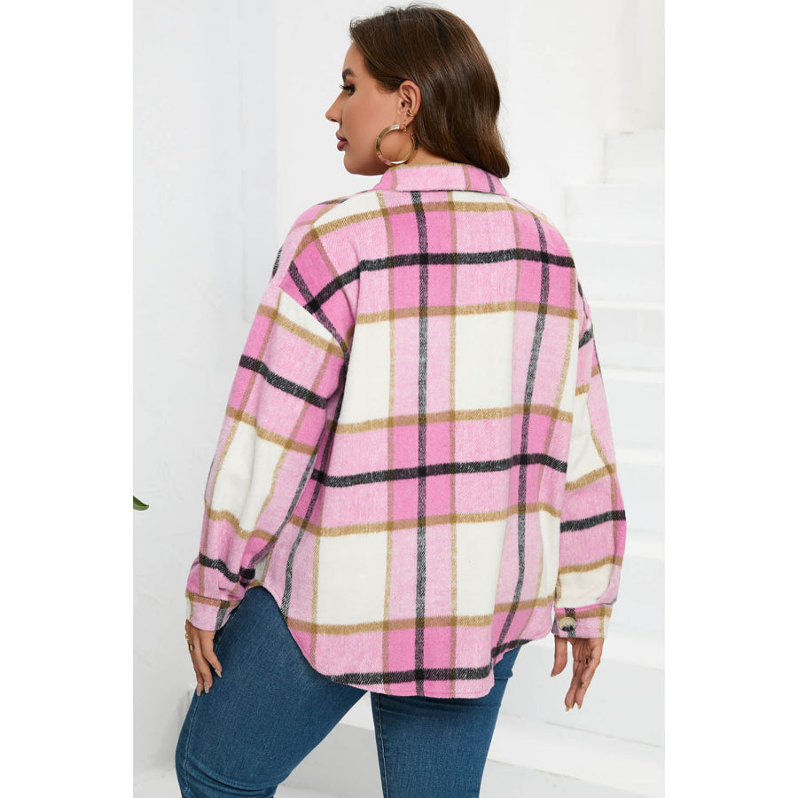 Plaid Button Up Dropped Shoulder Jacket Apparel and Accessories