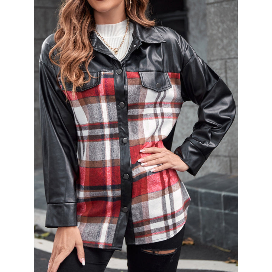 Plaid Button Up Dropped Shoulder Jacket Black / S Apparel and Accessories