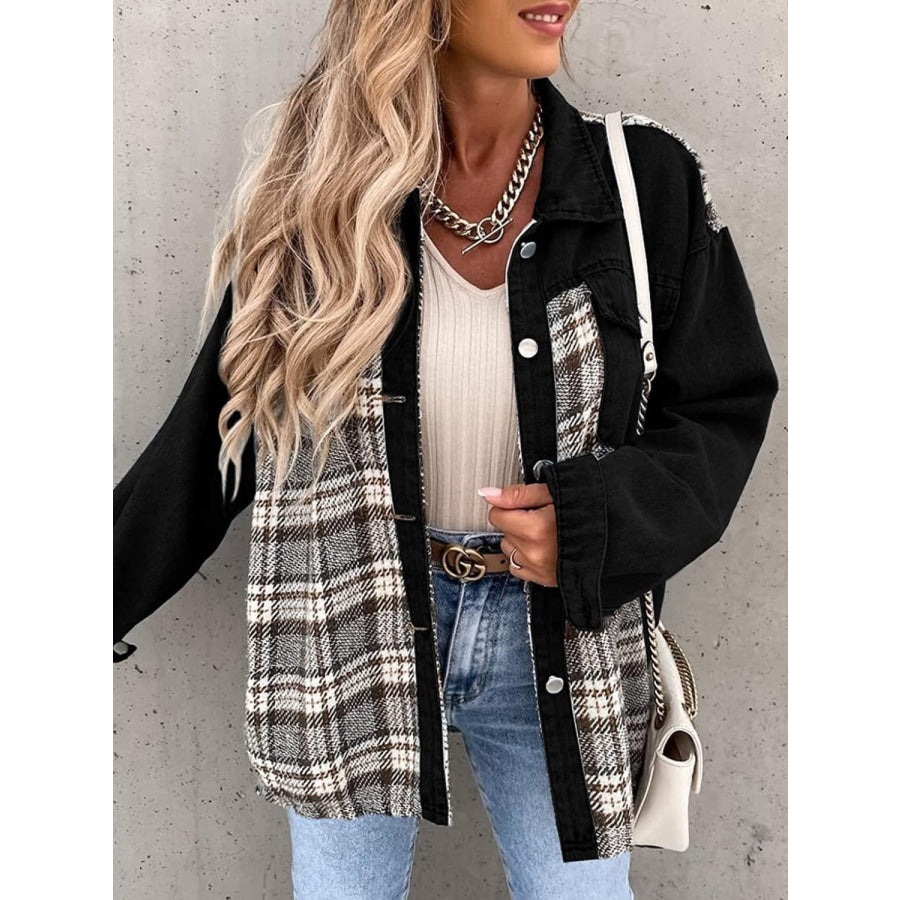 Plaid Button Up Dropped Shoulder Jacket Black / S Apparel and Accessories