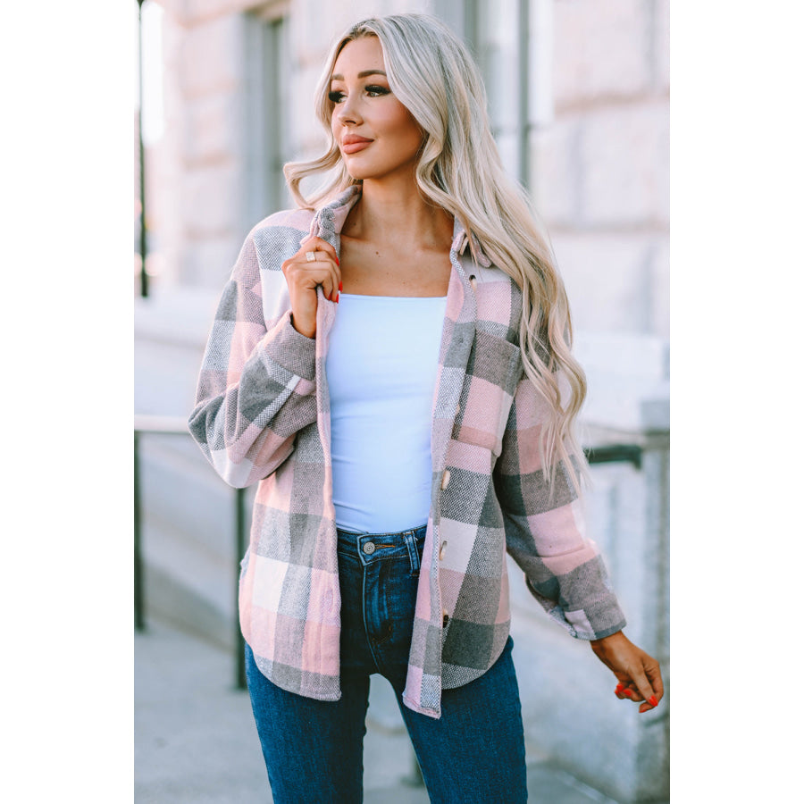 Plaid Button Up Dropped Shoulder Jacket Blush Pink / S Apparel and Accessories