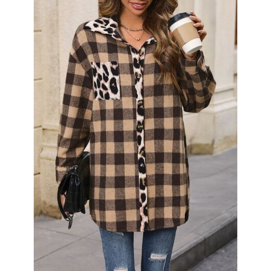 Plaid Button Up Dropped Shoulder Jacket Camel / S Apparel and Accessories