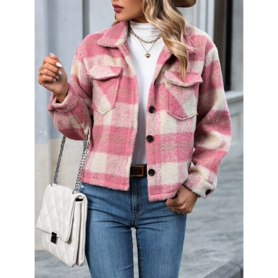 Plaid Button Up Dropped Shoulder Jacket Carnation Pink / S Apparel and Accessories