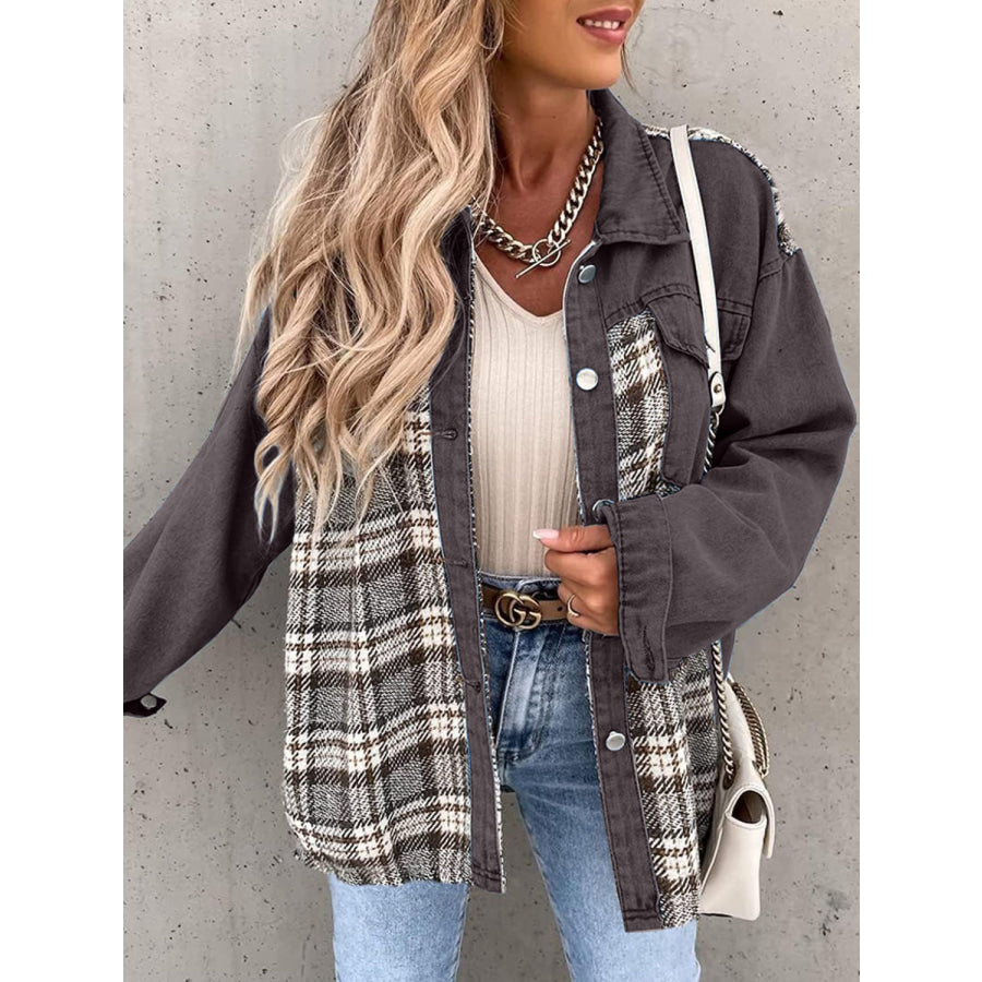 Plaid Button Up Dropped Shoulder Jacket Charcoal / S Apparel and Accessories