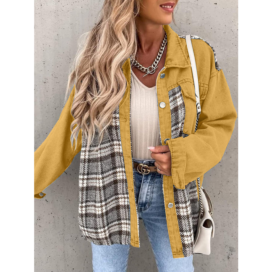 Plaid Button Up Dropped Shoulder Jacket Chartreuse / S Apparel and Accessories