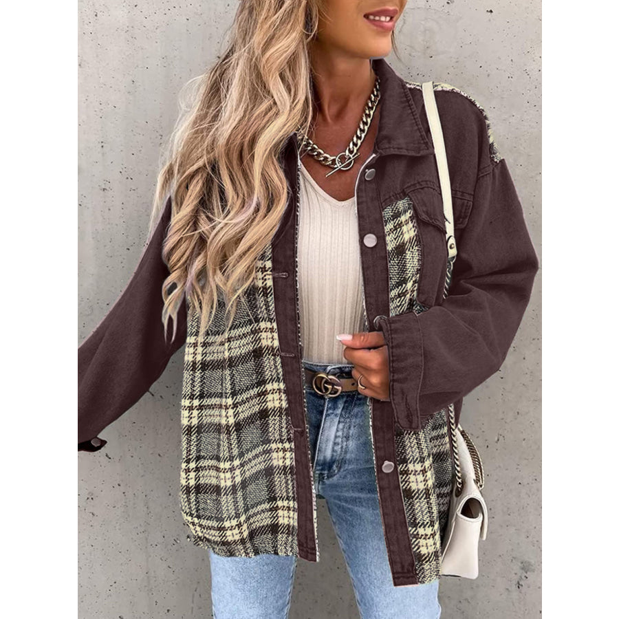 Plaid Button Up Dropped Shoulder Jacket Chestnut / S Apparel and Accessories