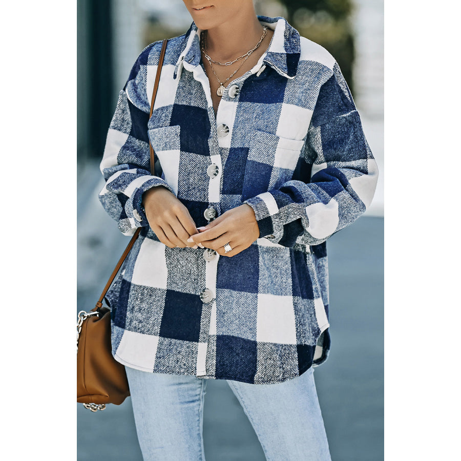 Plaid Button Up Dropped Shoulder Jacket Dusty Blue / S Apparel and Accessories