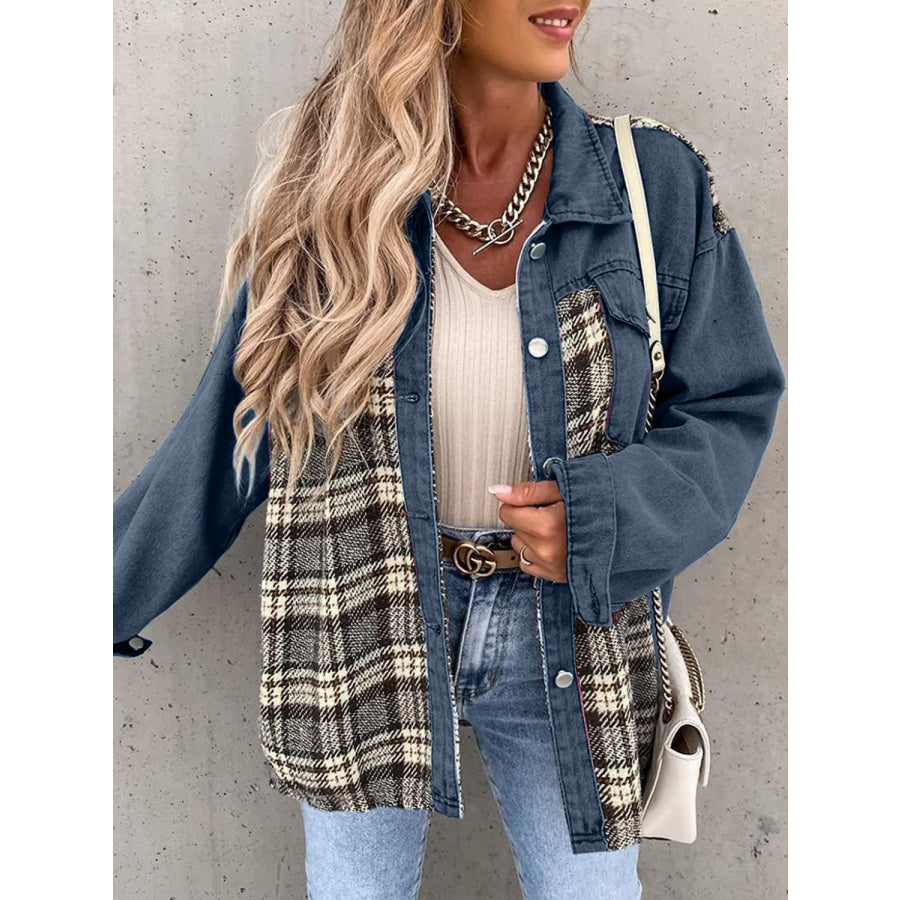 Plaid Button Up Dropped Shoulder Jacket Dusty Blue / S Apparel and Accessories