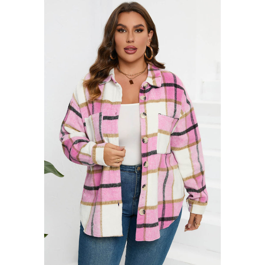 Plaid Button Up Dropped Shoulder Jacket Fuchsia Pink / S Apparel and Accessories