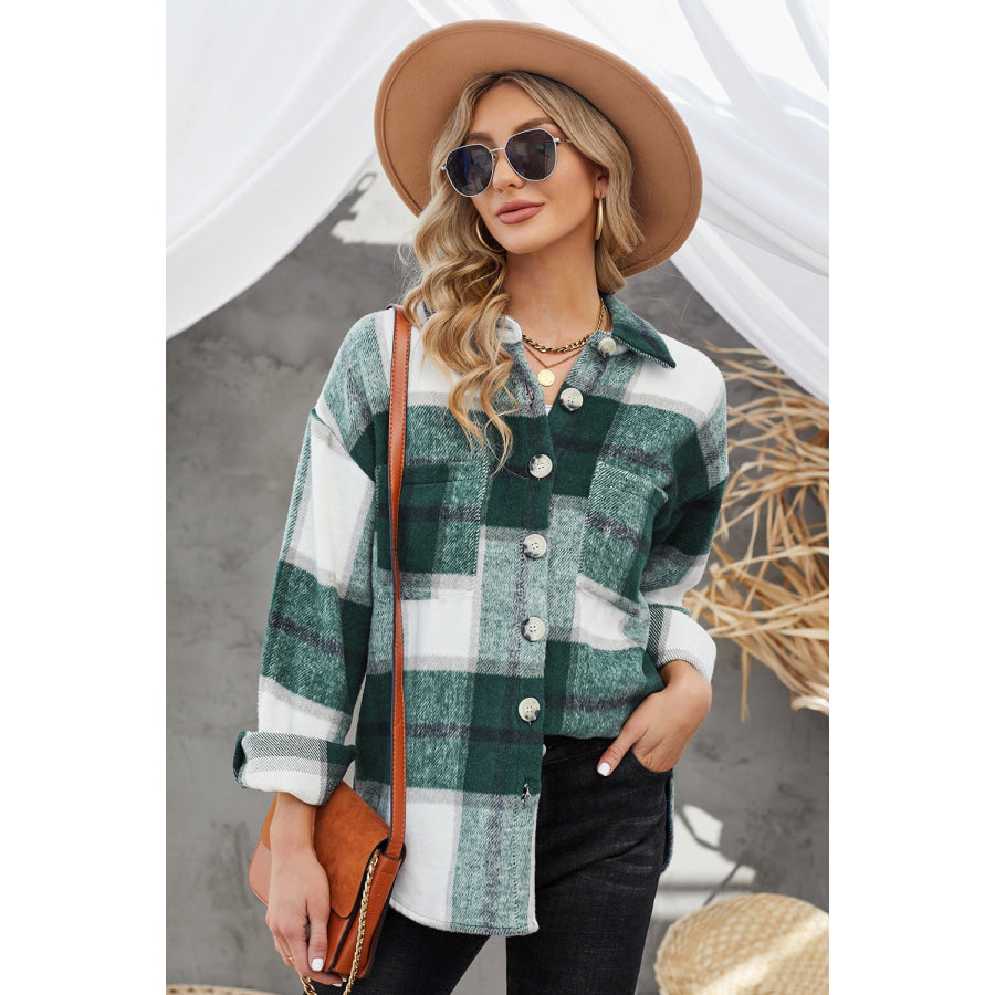 Plaid Button Up Dropped Shoulder Jacket Gum Leaf / S Apparel and Accessories