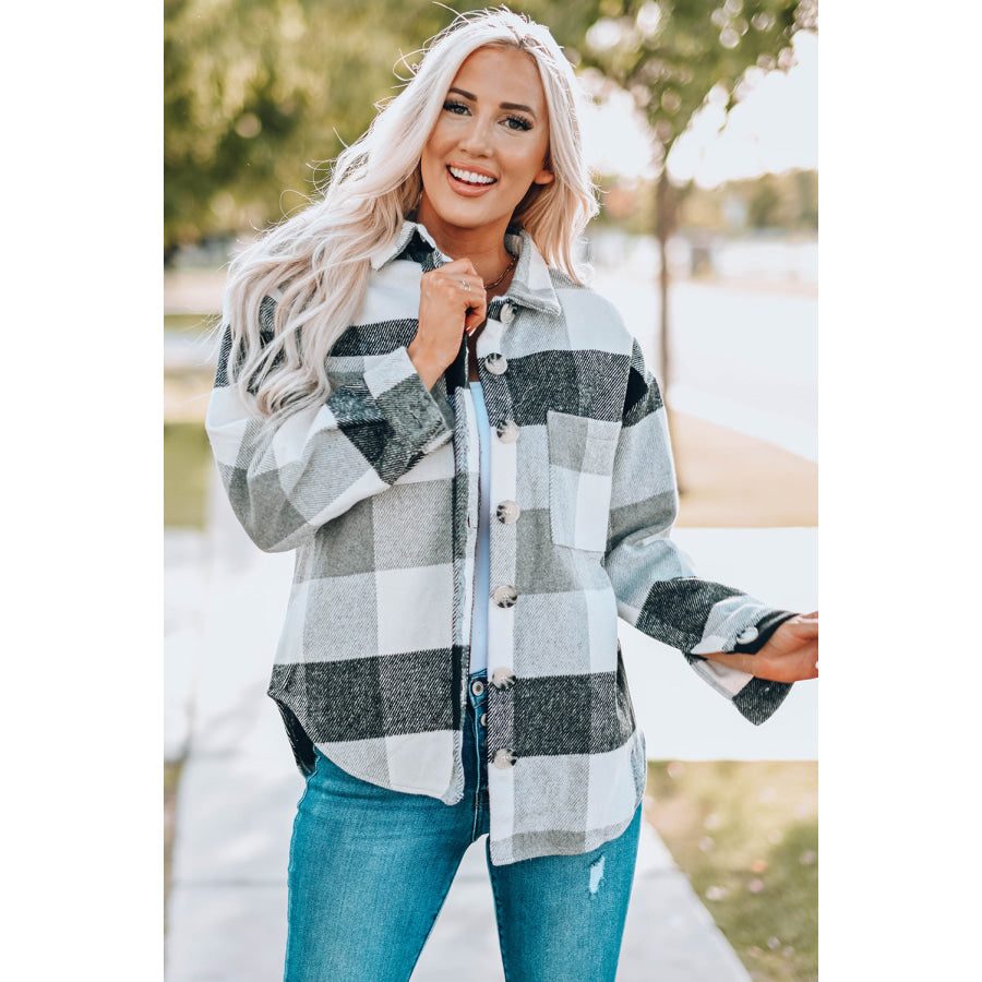 Plaid Button Up Dropped Shoulder Jacket Light Gray / S Apparel and Accessories