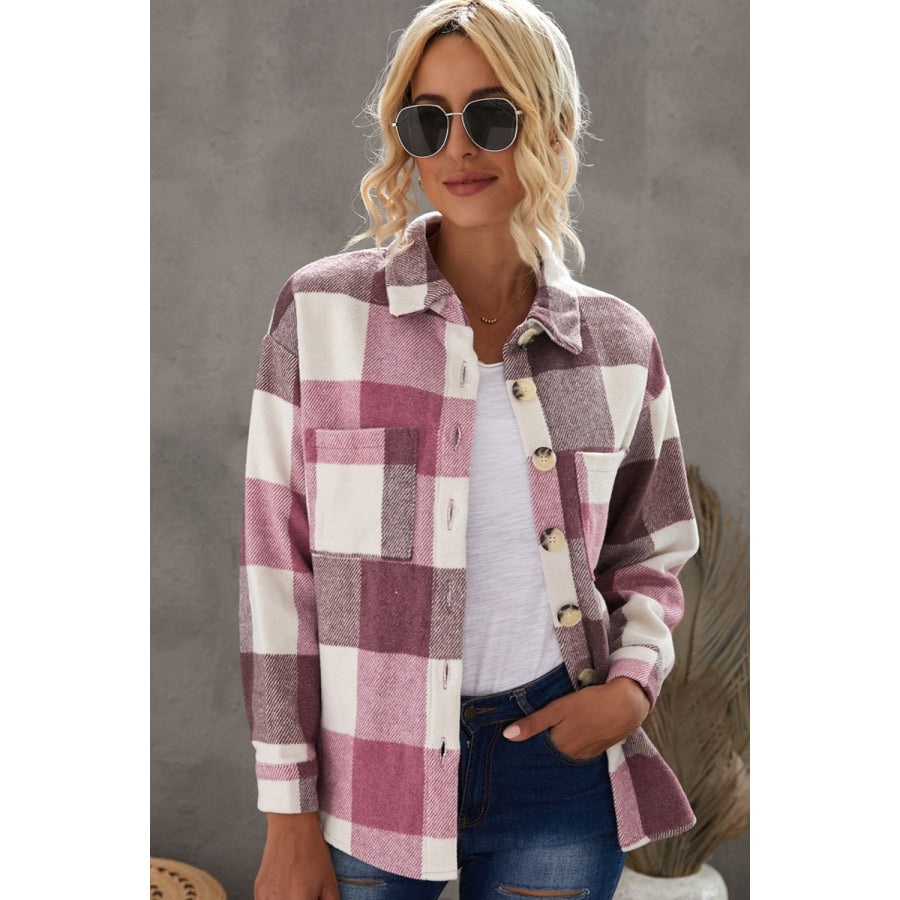 Plaid Button Up Dropped Shoulder Jacket Light Mauve / S Apparel and Accessories