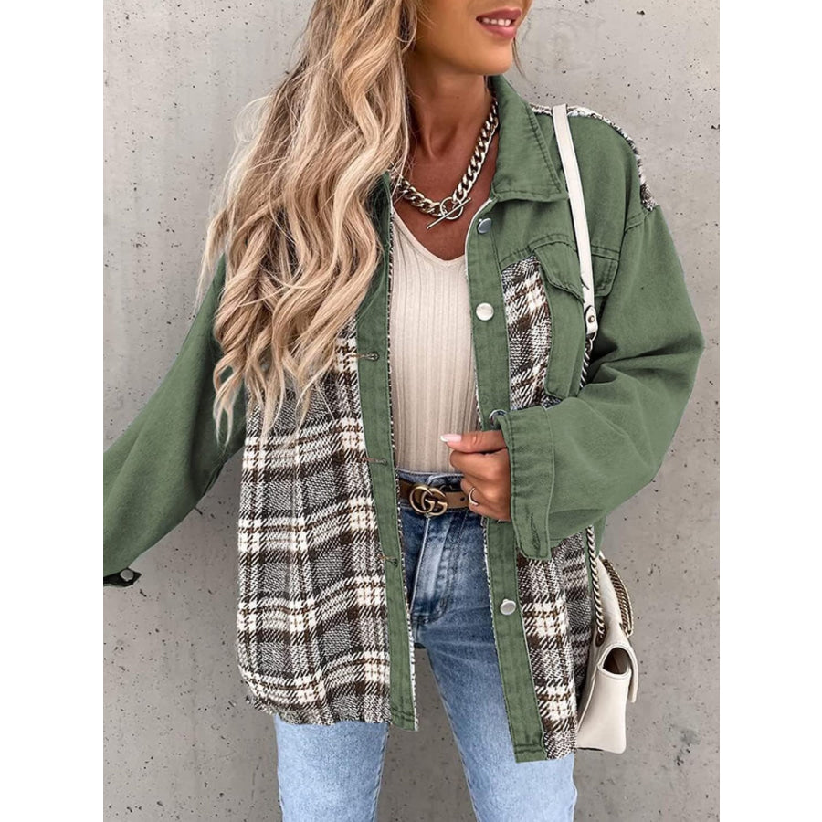 Plaid Button Up Dropped Shoulder Jacket Moss / S Apparel and Accessories