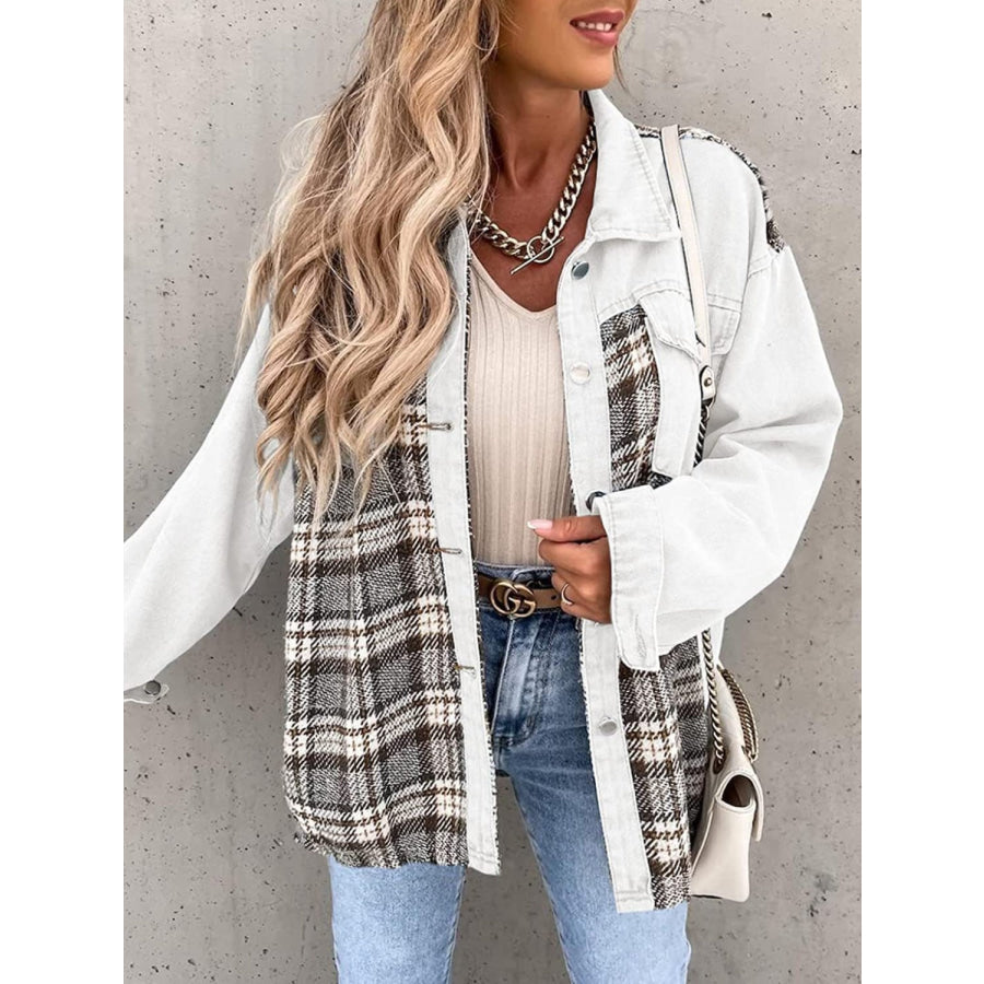 Plaid Button Up Dropped Shoulder Jacket White / S Apparel and Accessories