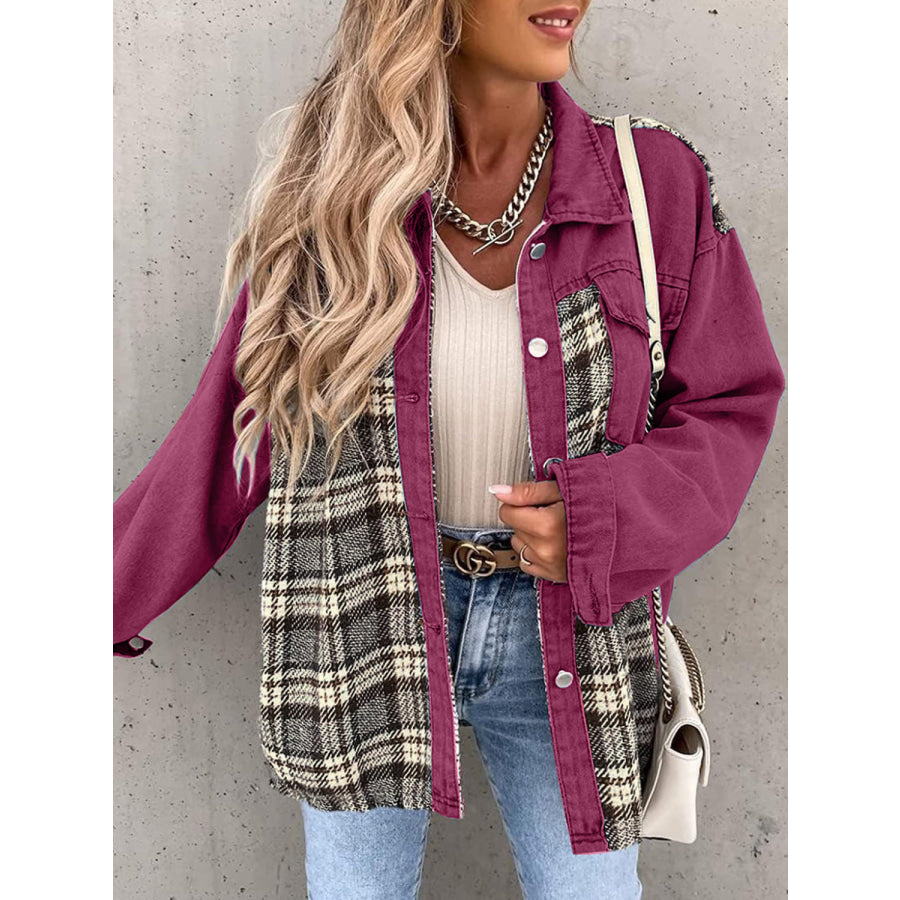 Plaid Button Up Dropped Shoulder Jacket Wine / S Apparel and Accessories