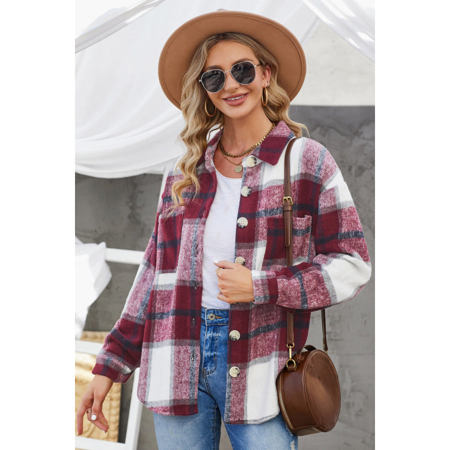 Plaid Button Up Dropped Shoulder Jacket Wine / S Apparel and Accessories