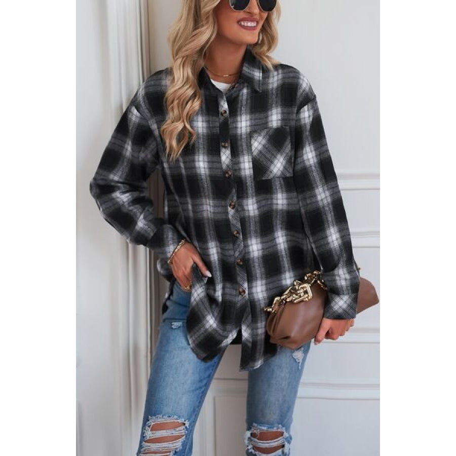 Plaid Button Up Dropped Shoulder Outerwear Black / S Clothing