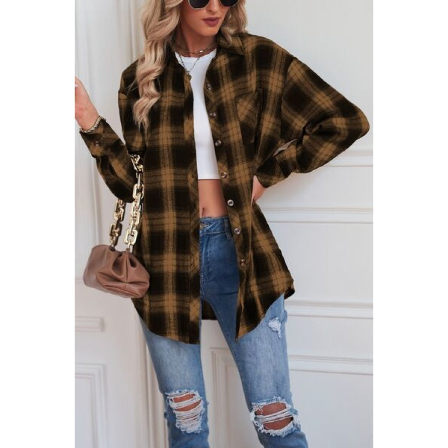 Plaid Button Up Dropped Shoulder Outerwear Caramel / S Clothing