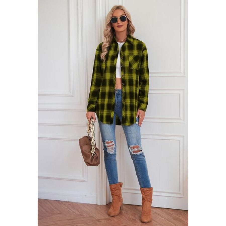 Plaid Button Up Dropped Shoulder Outerwear Clothing