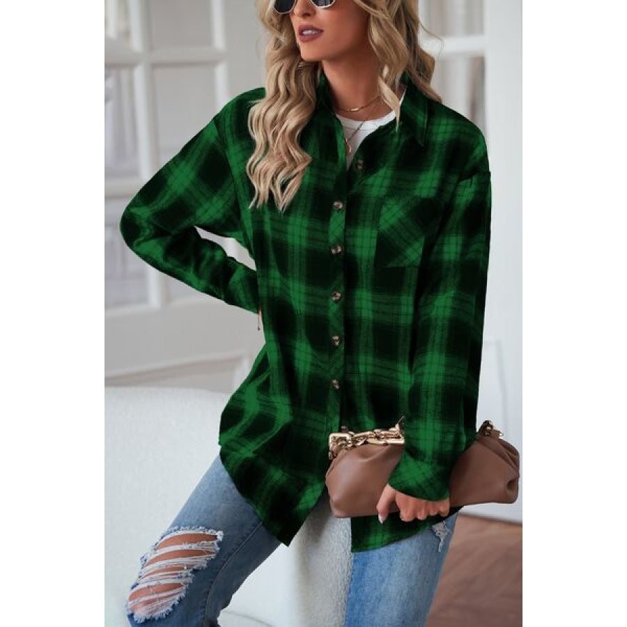 Plaid Button Up Dropped Shoulder Outerwear Clothing