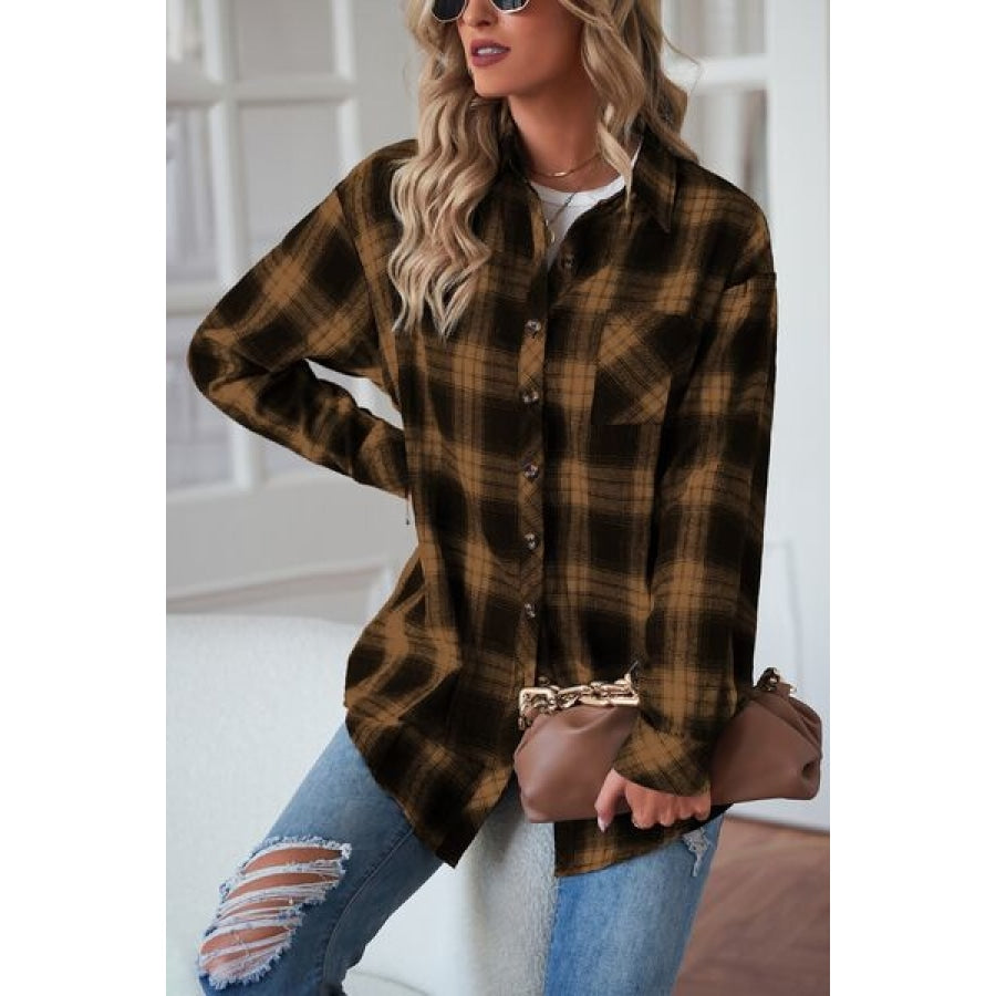 Plaid Button Up Dropped Shoulder Outerwear Clothing