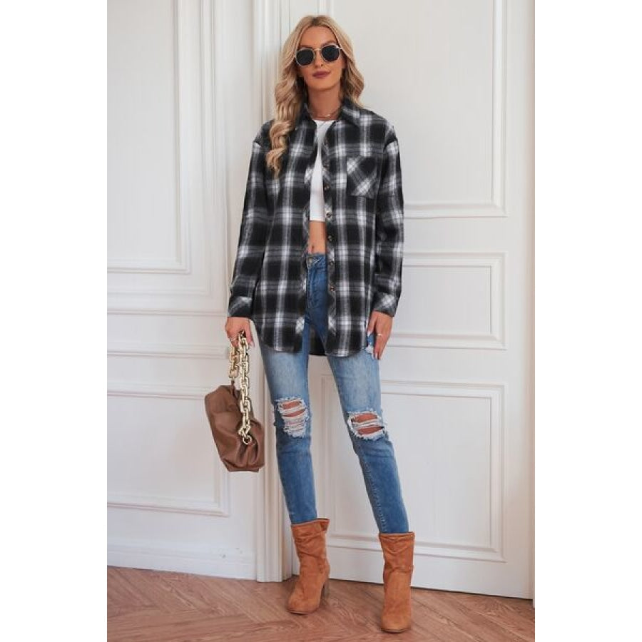 Plaid Button Up Dropped Shoulder Outerwear Clothing