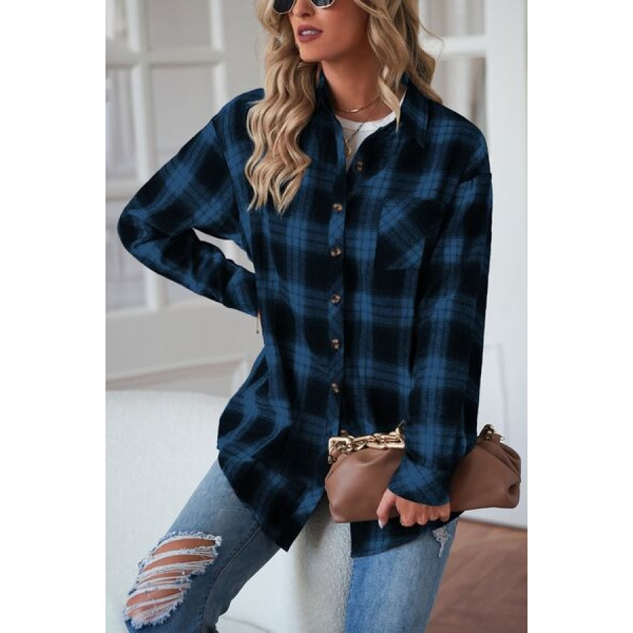 Plaid Button Up Dropped Shoulder Outerwear Clothing