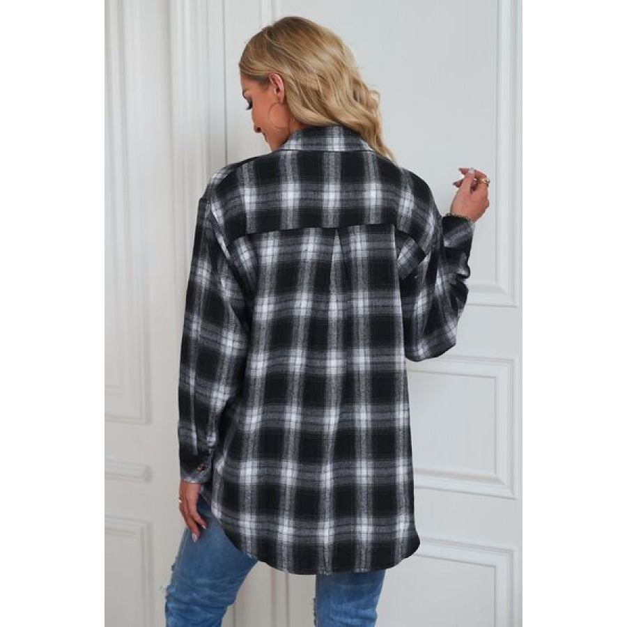 Plaid Button Up Dropped Shoulder Outerwear Clothing