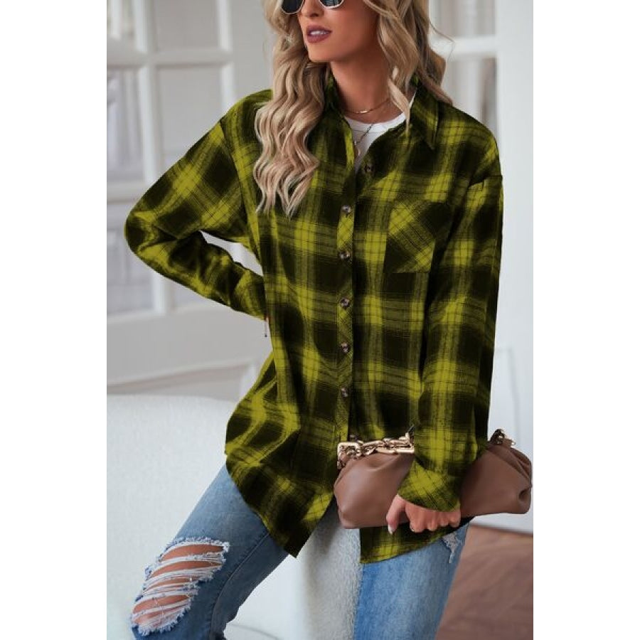 Plaid Button Up Dropped Shoulder Outerwear Clothing