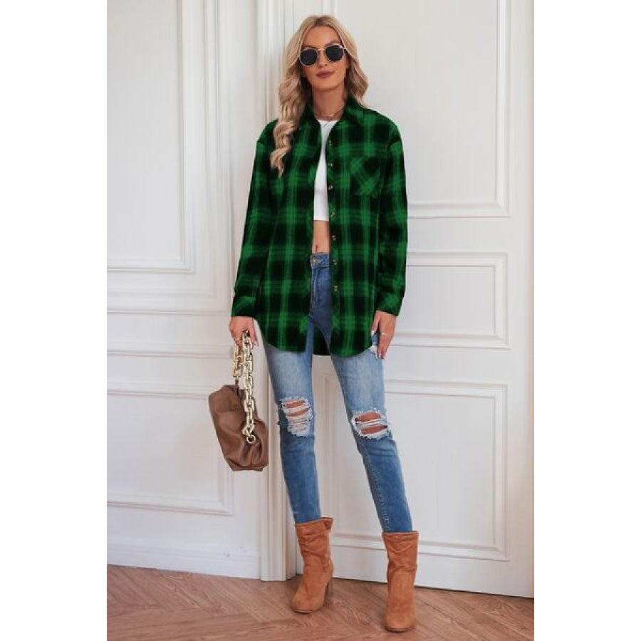 Plaid Button Up Dropped Shoulder Outerwear Clothing