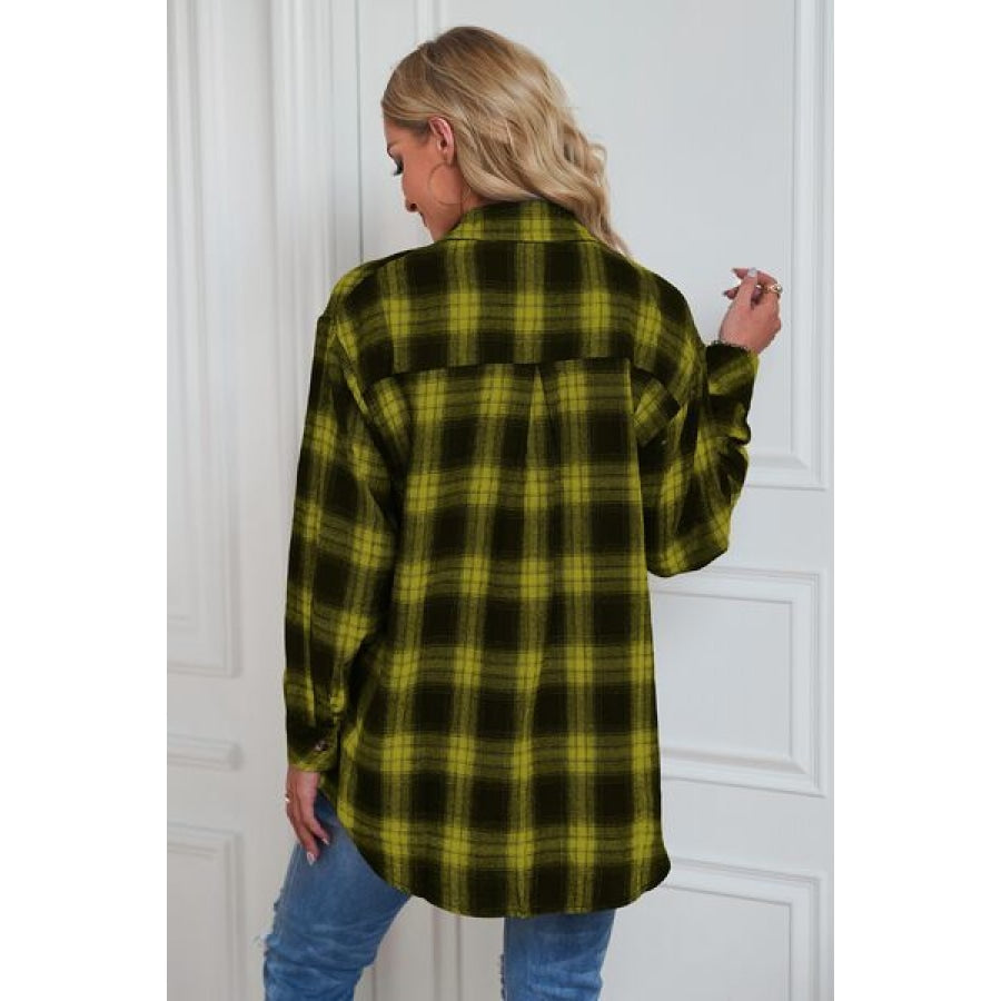 Plaid Button Up Dropped Shoulder Outerwear Clothing