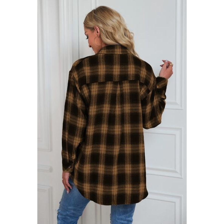 Plaid Button Up Dropped Shoulder Outerwear Clothing