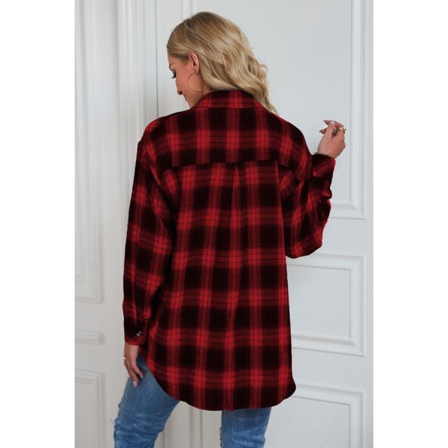 Plaid Button Up Dropped Shoulder Outerwear Clothing