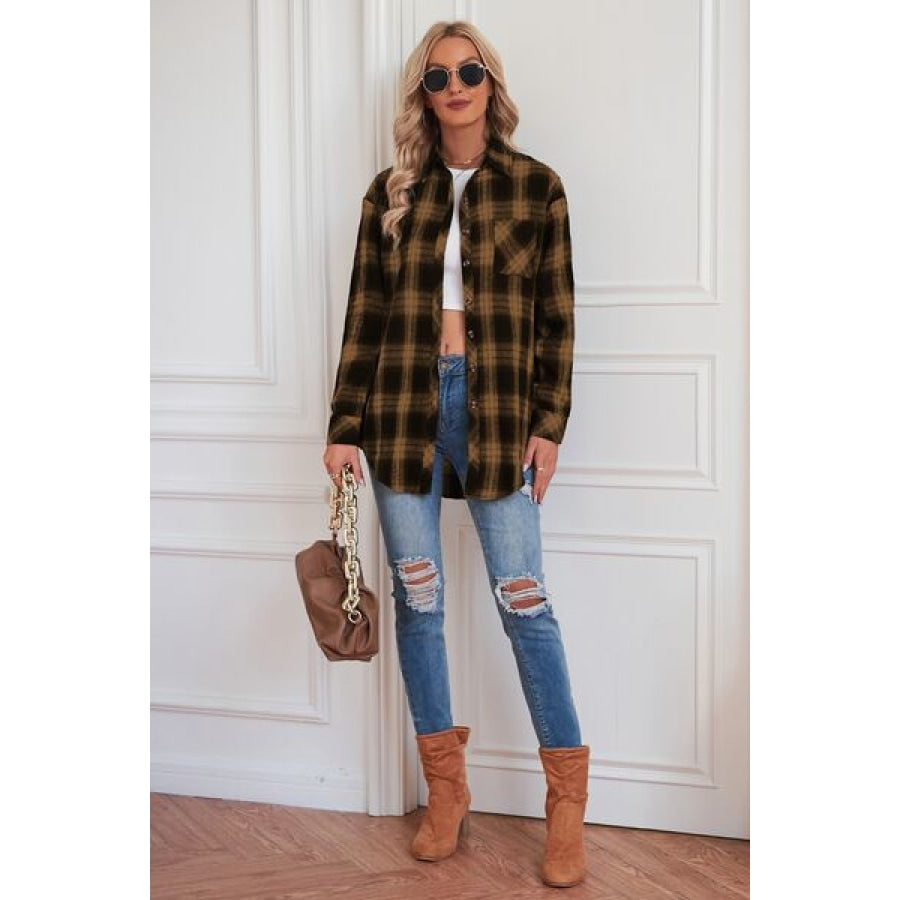 Plaid Button Up Dropped Shoulder Outerwear Clothing