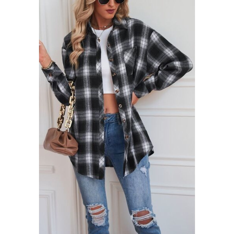 Plaid Button Up Dropped Shoulder Outerwear Clothing