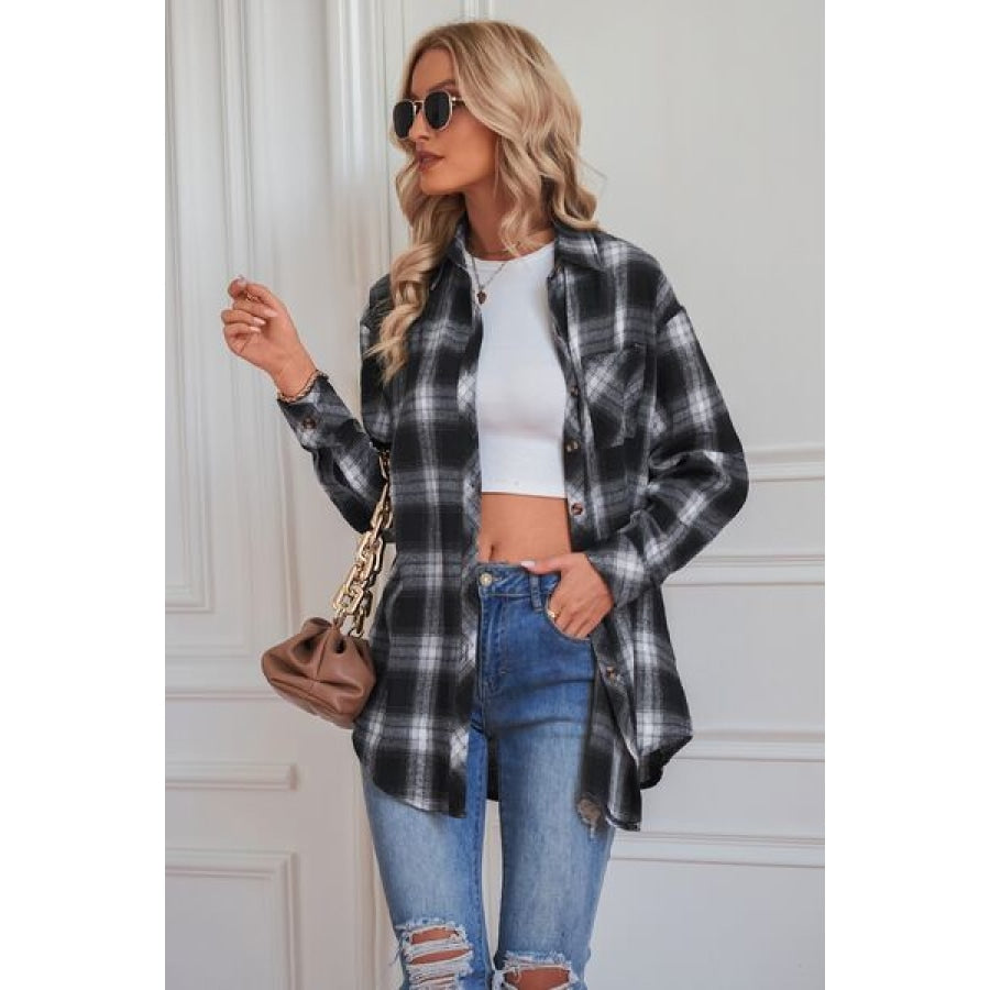 Plaid Button Up Dropped Shoulder Outerwear Clothing