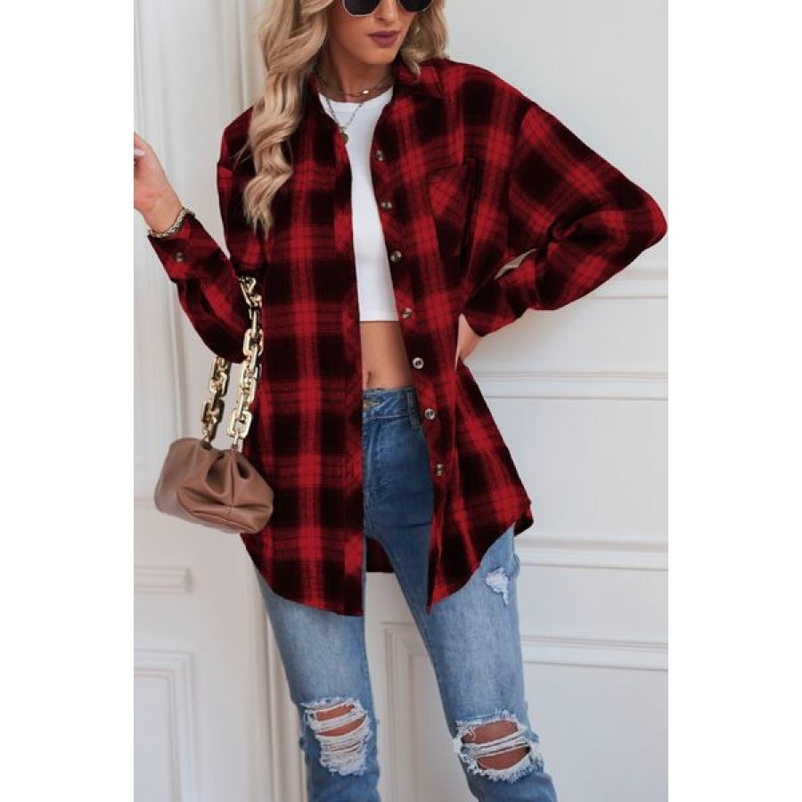 Plaid Button Up Dropped Shoulder Outerwear Clothing