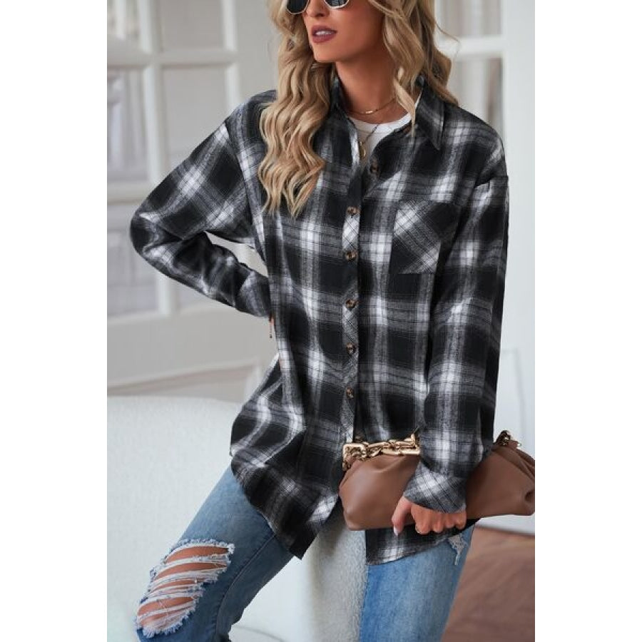 Plaid Button Up Dropped Shoulder Outerwear Clothing