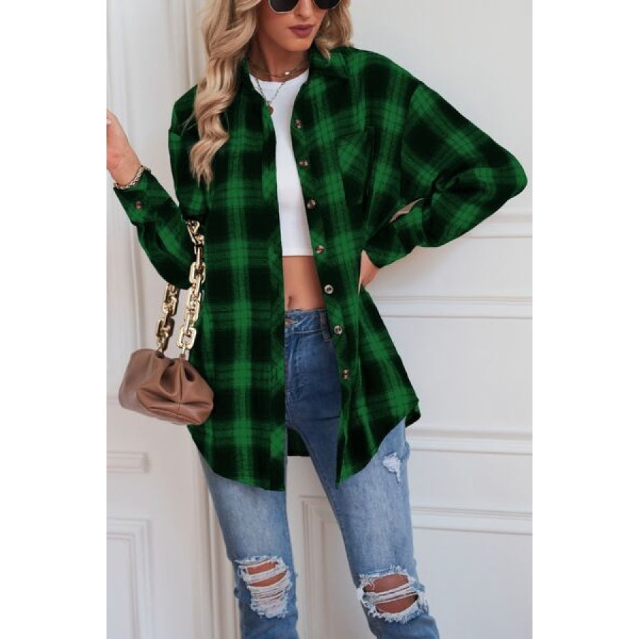 Plaid Button Up Dropped Shoulder Outerwear Green / S Clothing