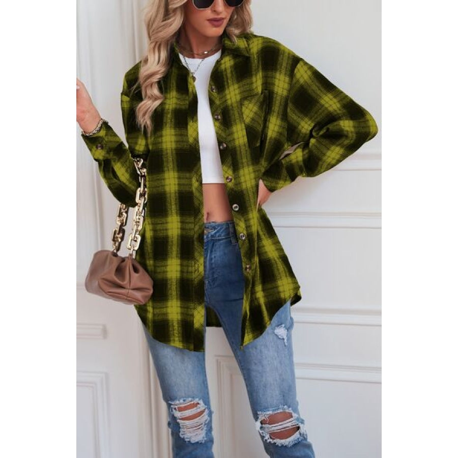 Plaid Button Up Dropped Shoulder Outerwear Lime / S Clothing