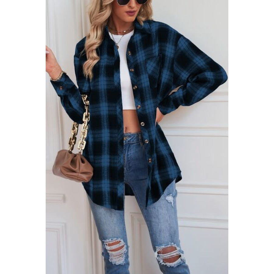 Plaid Button Up Dropped Shoulder Outerwear Navy / S Clothing