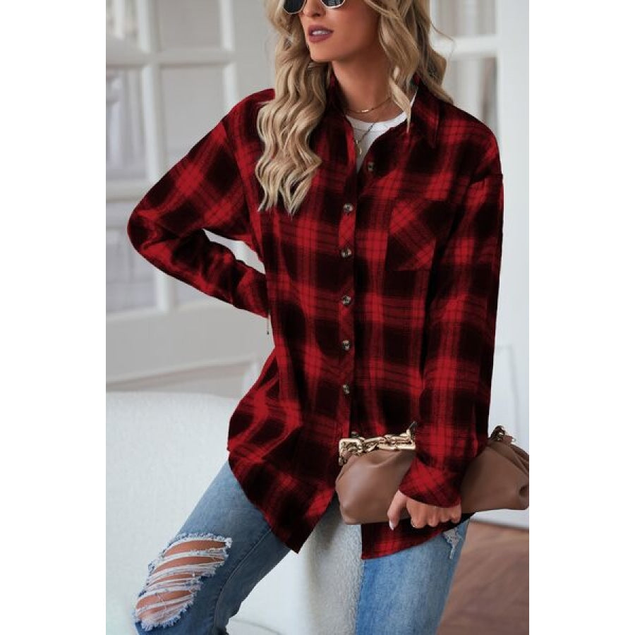 Plaid Button Up Dropped Shoulder Outerwear Wine / S Clothing