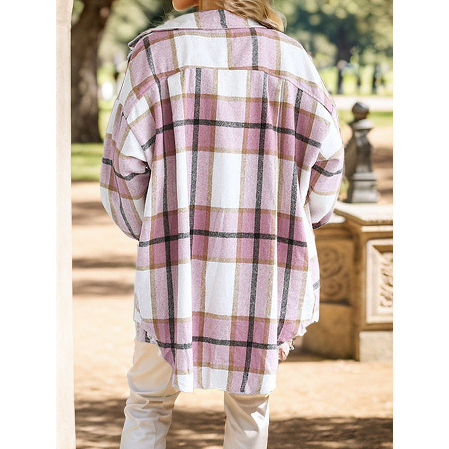 Plaid Button Up Dropped Shoulder Shacket Apparel and Accessories