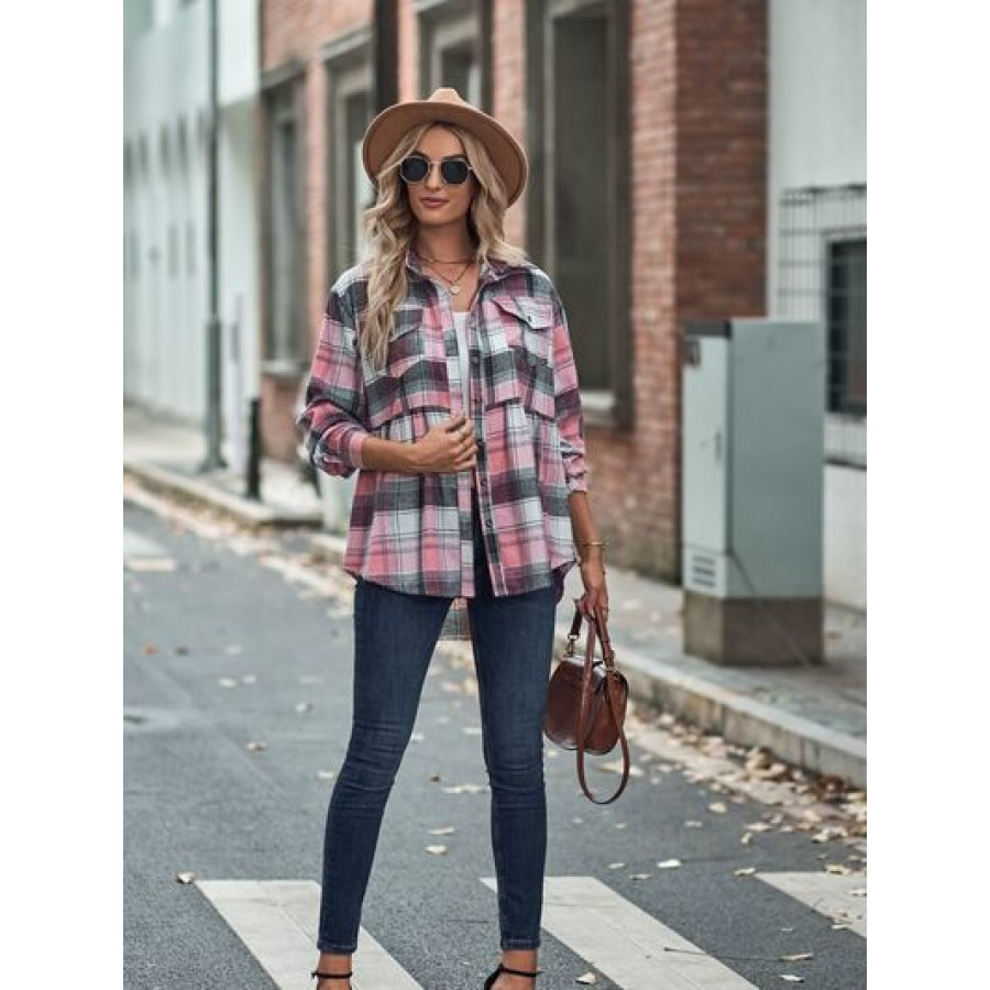 Plaid Button Up Dropped Shoulder Shirt Apparel and Accessories