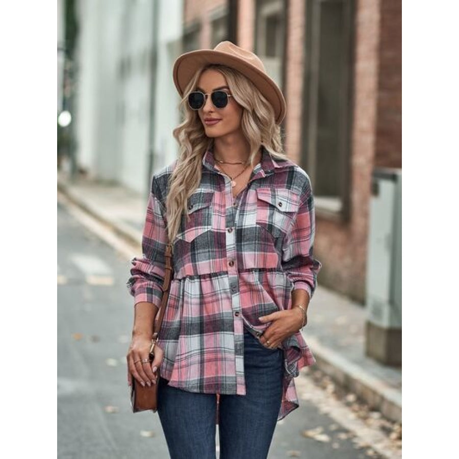 Plaid Button Up Dropped Shoulder Shirt Apparel and Accessories