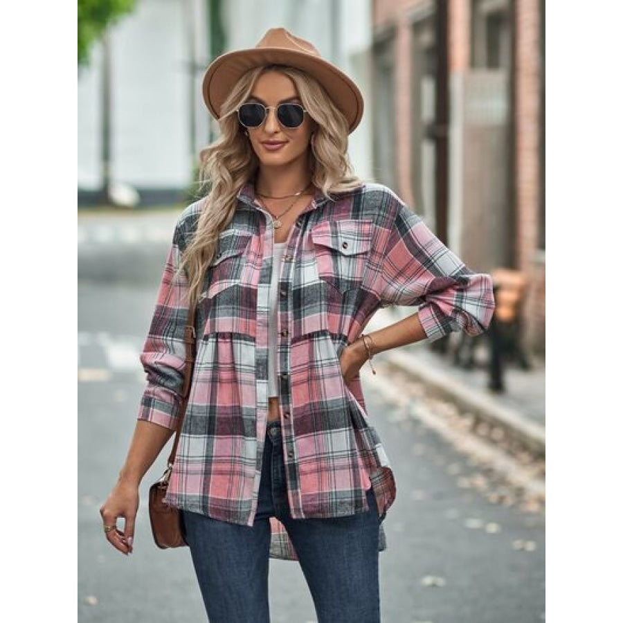 Plaid Button Up Dropped Shoulder Shirt Apparel and Accessories