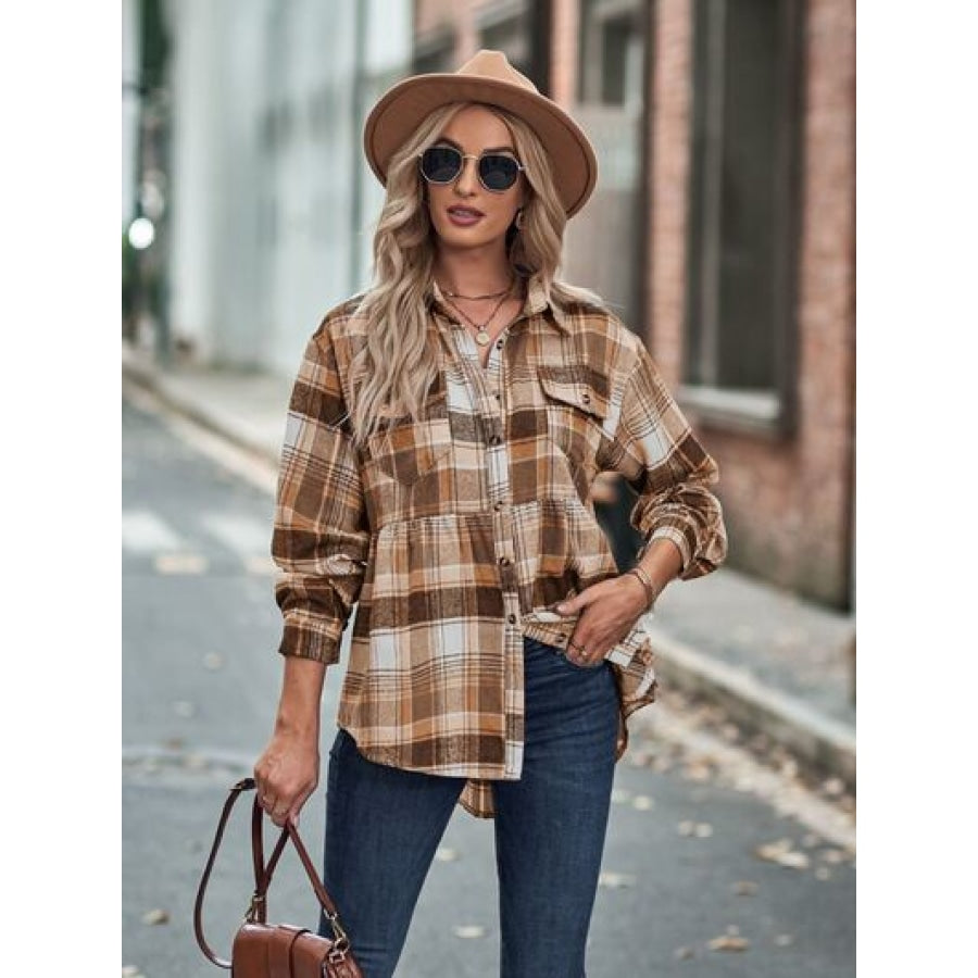 Plaid Button Up Dropped Shoulder Shirt Apparel and Accessories