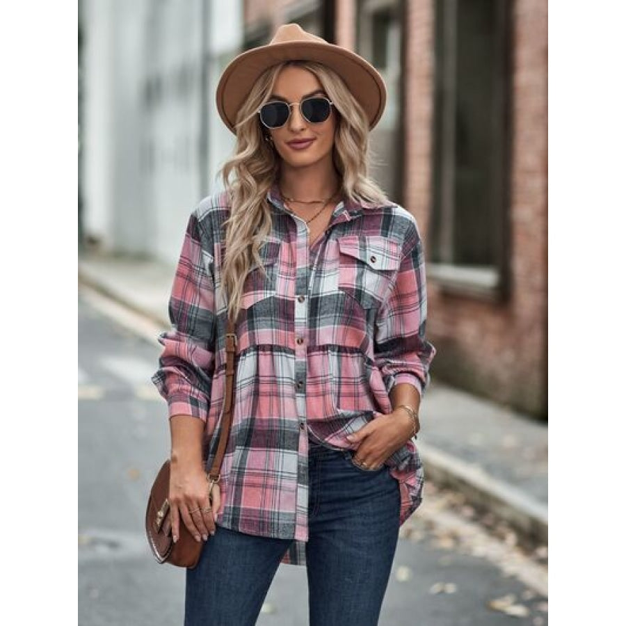 Plaid Button Up Dropped Shoulder Shirt Apparel and Accessories