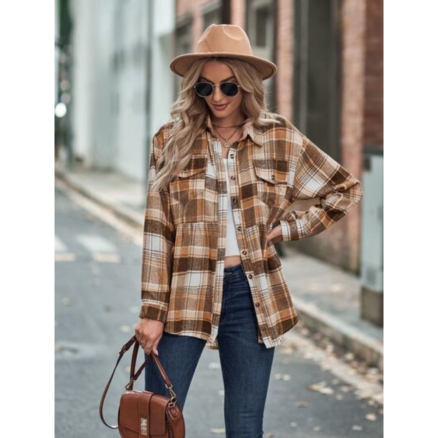 Plaid Button Up Dropped Shoulder Shirt Caramel / S Apparel and Accessories