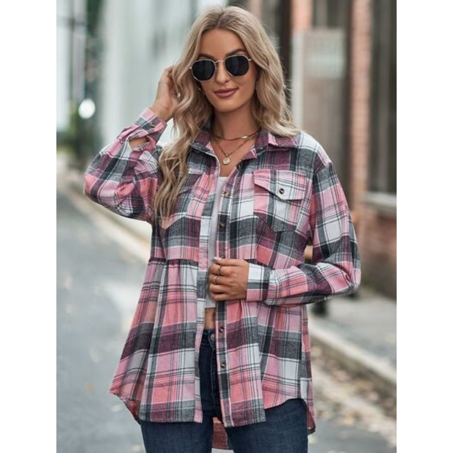 Plaid Button Up Dropped Shoulder Shirt Carnation Pink / S Apparel and Accessories